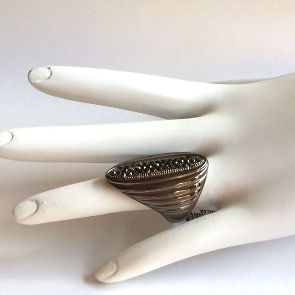 Boho Goth Cocktail Ring Size 9 10 Bohemian Gothic Cubic Zirconia Gunmetal Plated - Picture 5 of 12